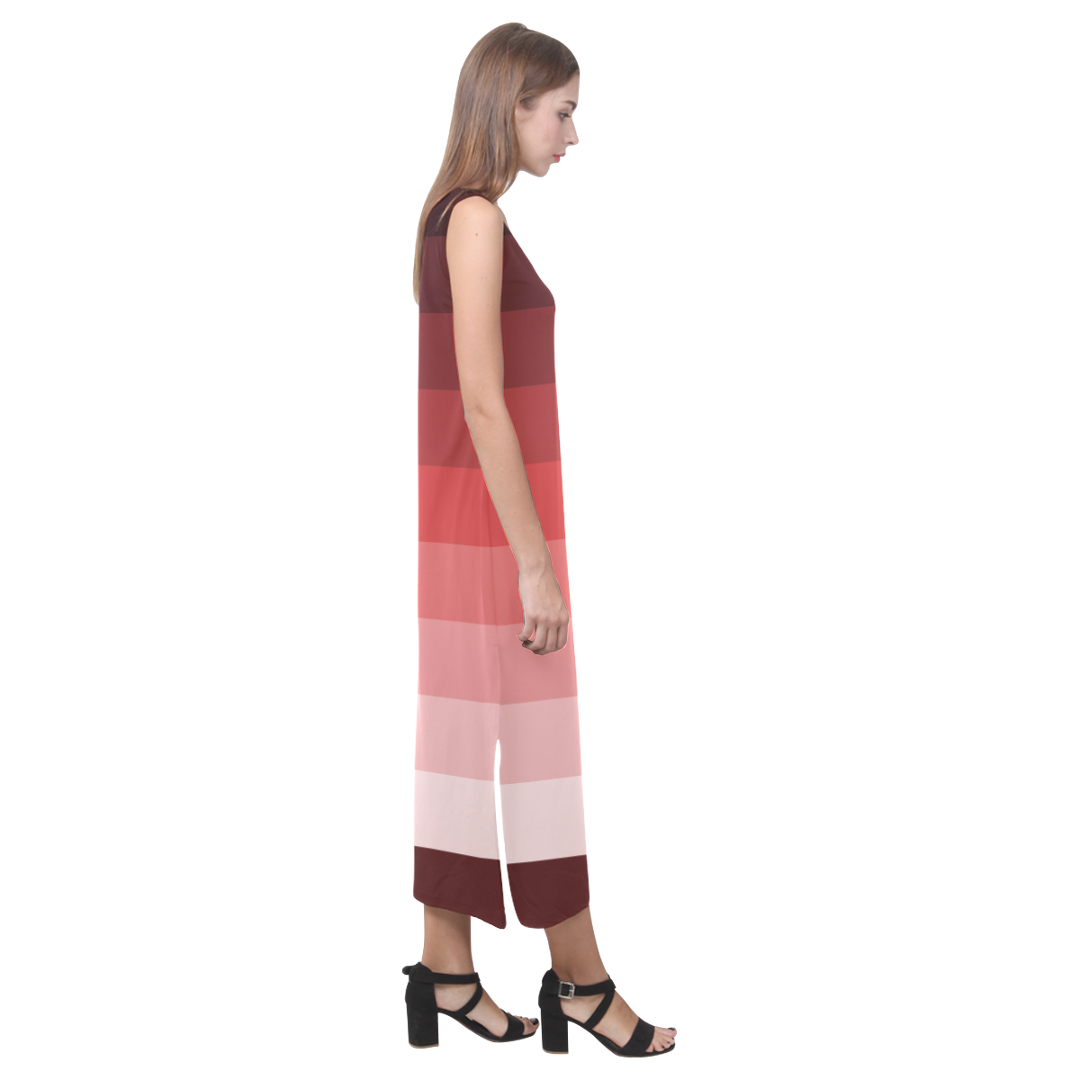 Copper multicolored stripes Phaedra Sleeveless Open Fork Long Dress (Model D08)