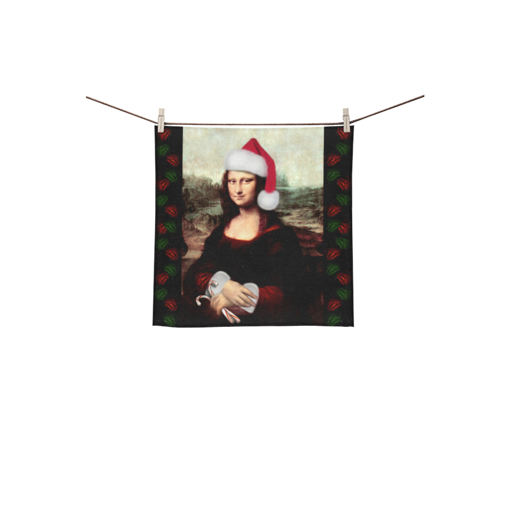 Christmas Mona Lisa with Santa Hat Square Towel 13“x13”
