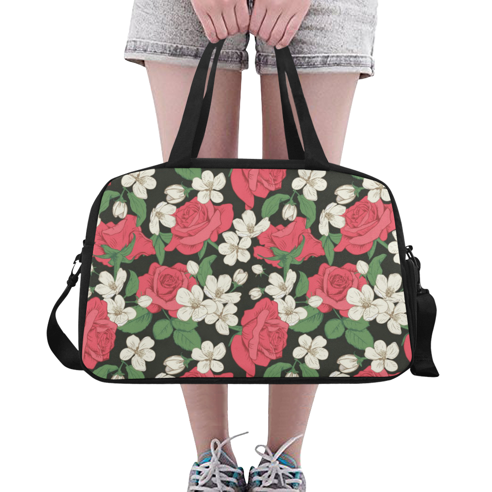 Pink, White and Black Floral Fitness Handbag (Model 1671)