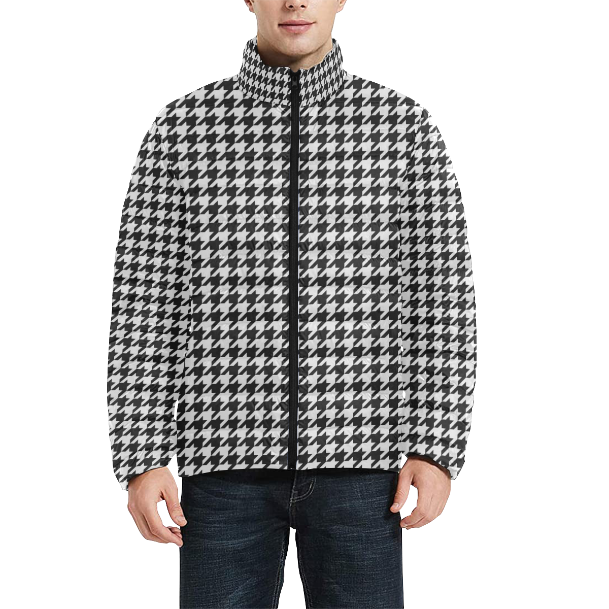 Friendly Houndstooth Pattern,black  by FeelGood Men's Stand Collar Padded Jacket (Model H41)