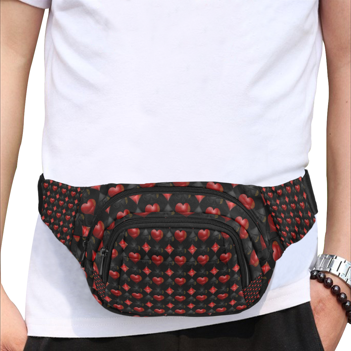 Las Vegas Black and Red Casino Poker Card on Black Fanny Pack/Small (Model 1677)
