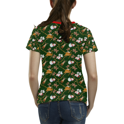 Christmas Gingerbread, Snowman, Reindeer and Santa Claus Green All Over Print T-shirt for Women/Large Size (USA Size) (Model T40)