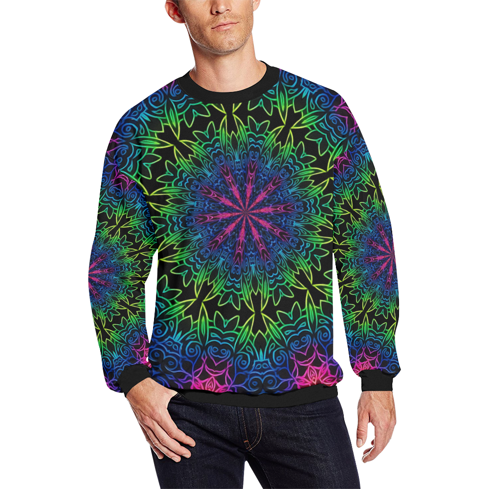 Rainbow Scratch Art Mandala Kaleidoscope Abstract Men's Oversized Fleece Crew Sweatshirt/Large Size(Model H18)