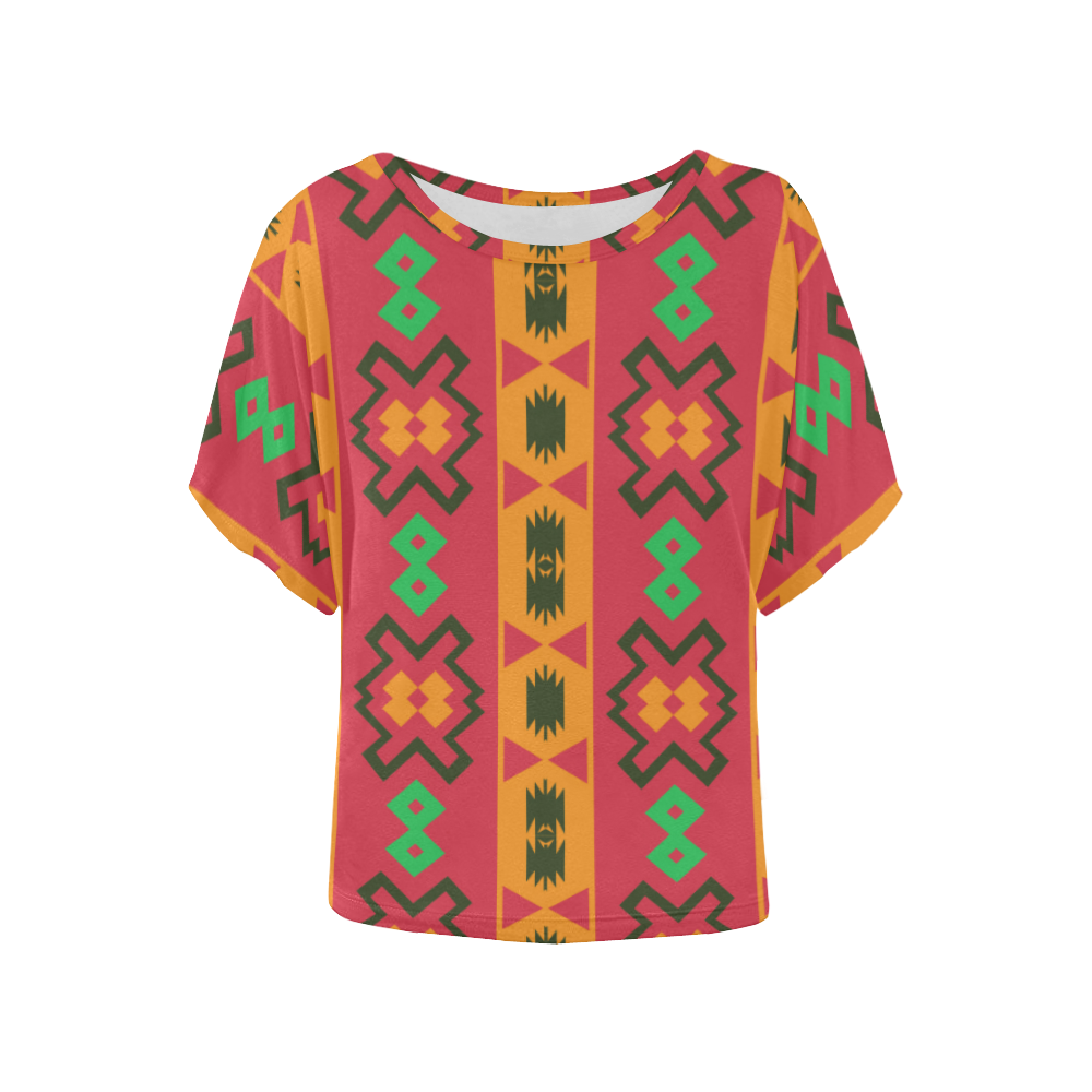 Tribal shapes in retro colors (2) Women's Batwing-Sleeved Blouse T shirt (Model T44)