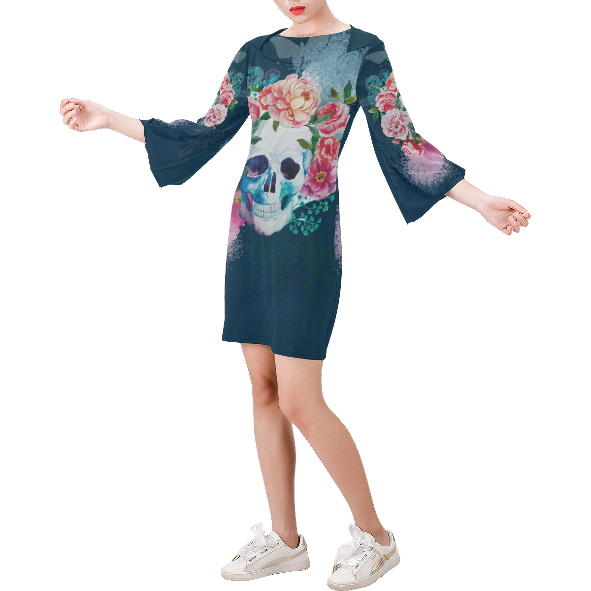 Amazing Hippie Skull Bell Sleeve Dress (Model D52)