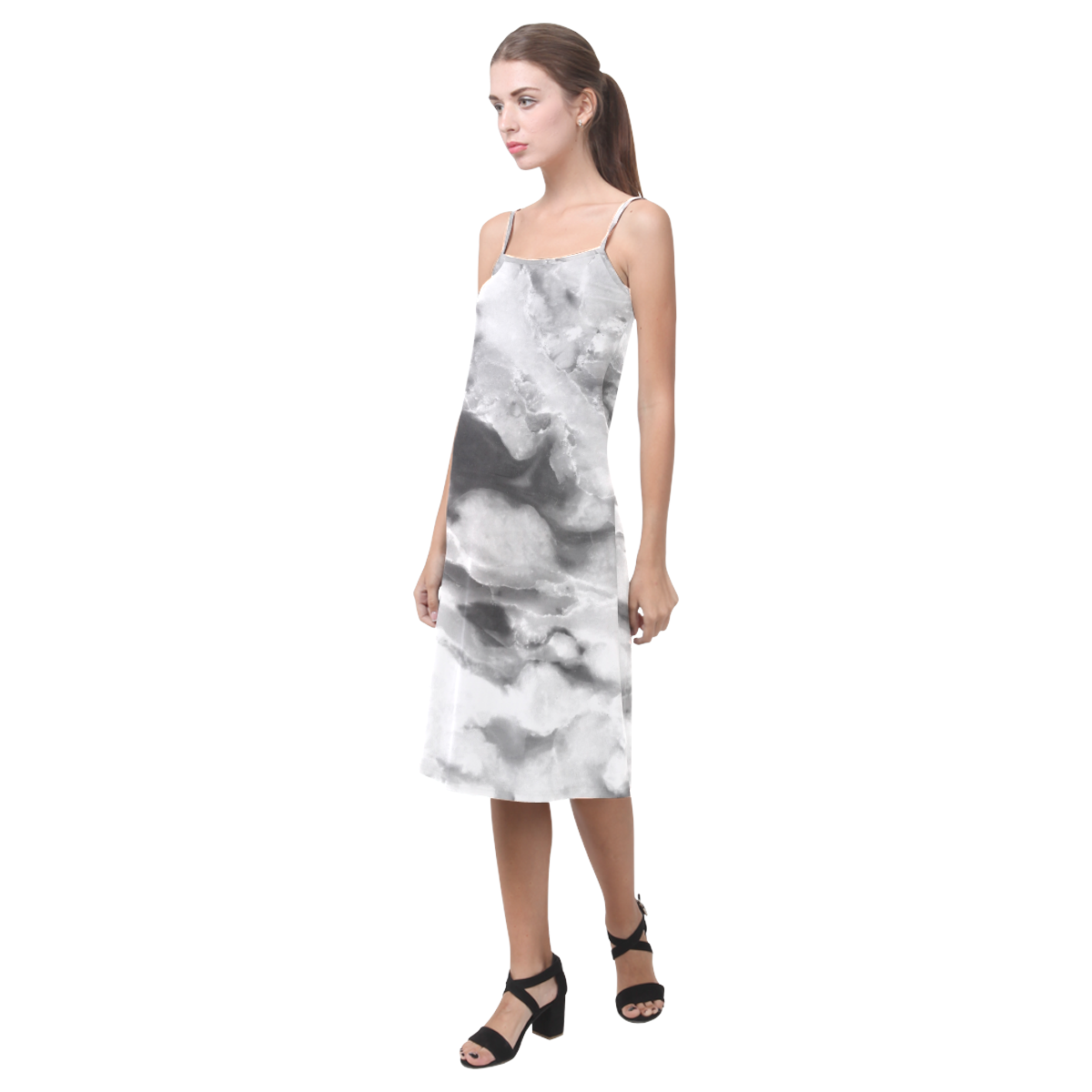 Marble Black and White Pattern Alcestis Slip Dress (Model D05)