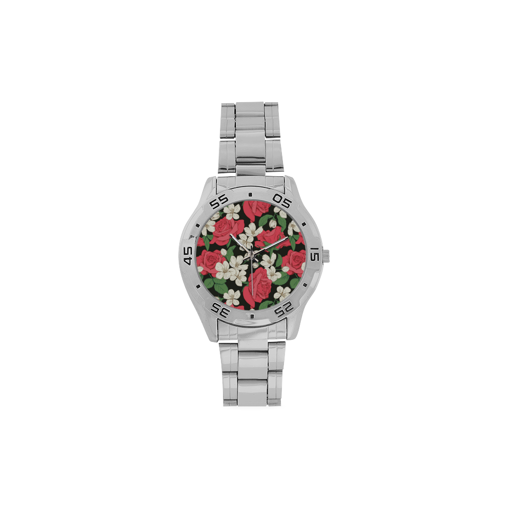 Pink, White and Black Floral Men's Stainless Steel Analog Watch(Model 108)
