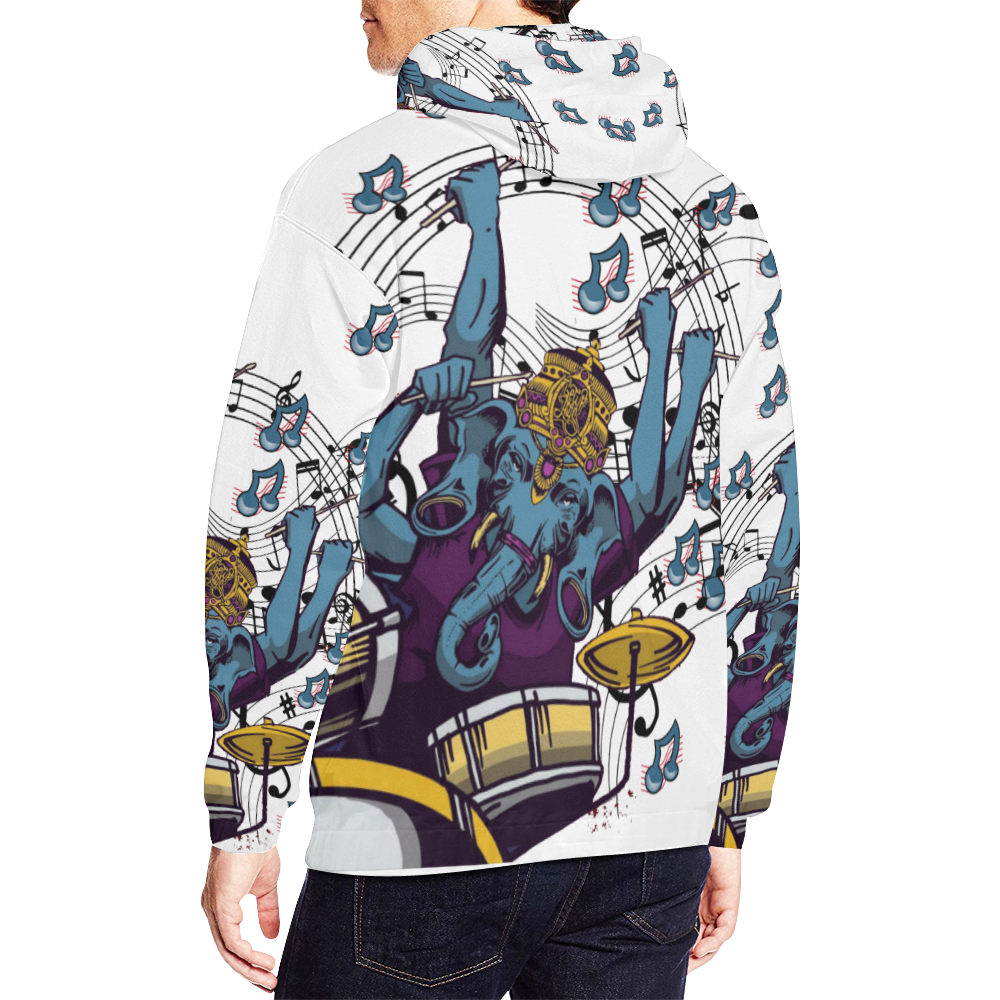 Ganesha Drummer Red Blue and Purple Music Theme White All Over Print Hoodie for Men/Large Size (USA Size) (Model H13)