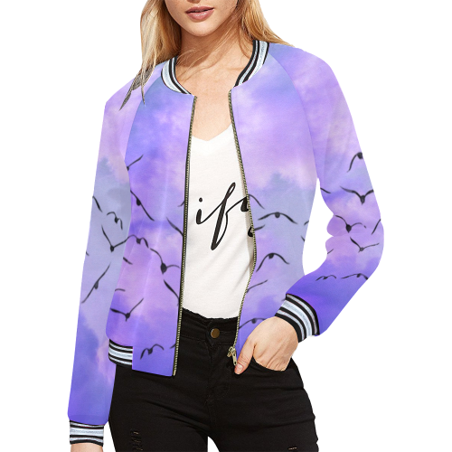 Trendy Birds, blue by JamColors All Over Print Bomber Jacket for Women (Model H21)