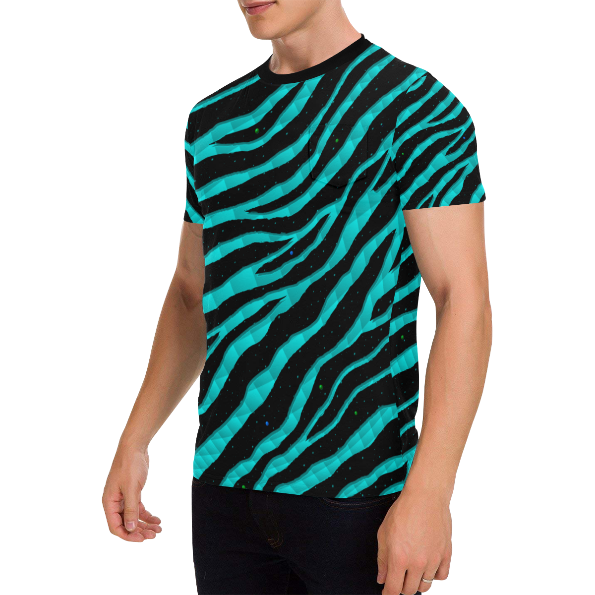 Ripped SpaceTime Stripes - Cyan Men's All Over Print T-Shirt with Chest Pocket (Model T56)