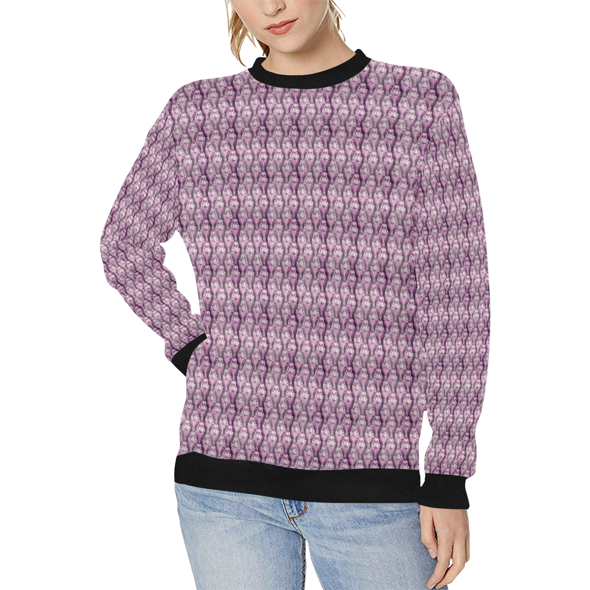 violet shine Women's Rib Cuff Crew Neck Sweatshirt (Model H34)