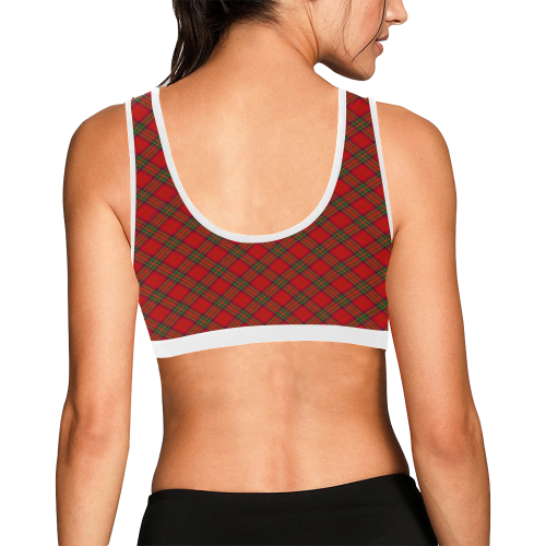 Red Tartan Plaid Pattern White Trim Women's All Over Print Sports Bra (Model T52)