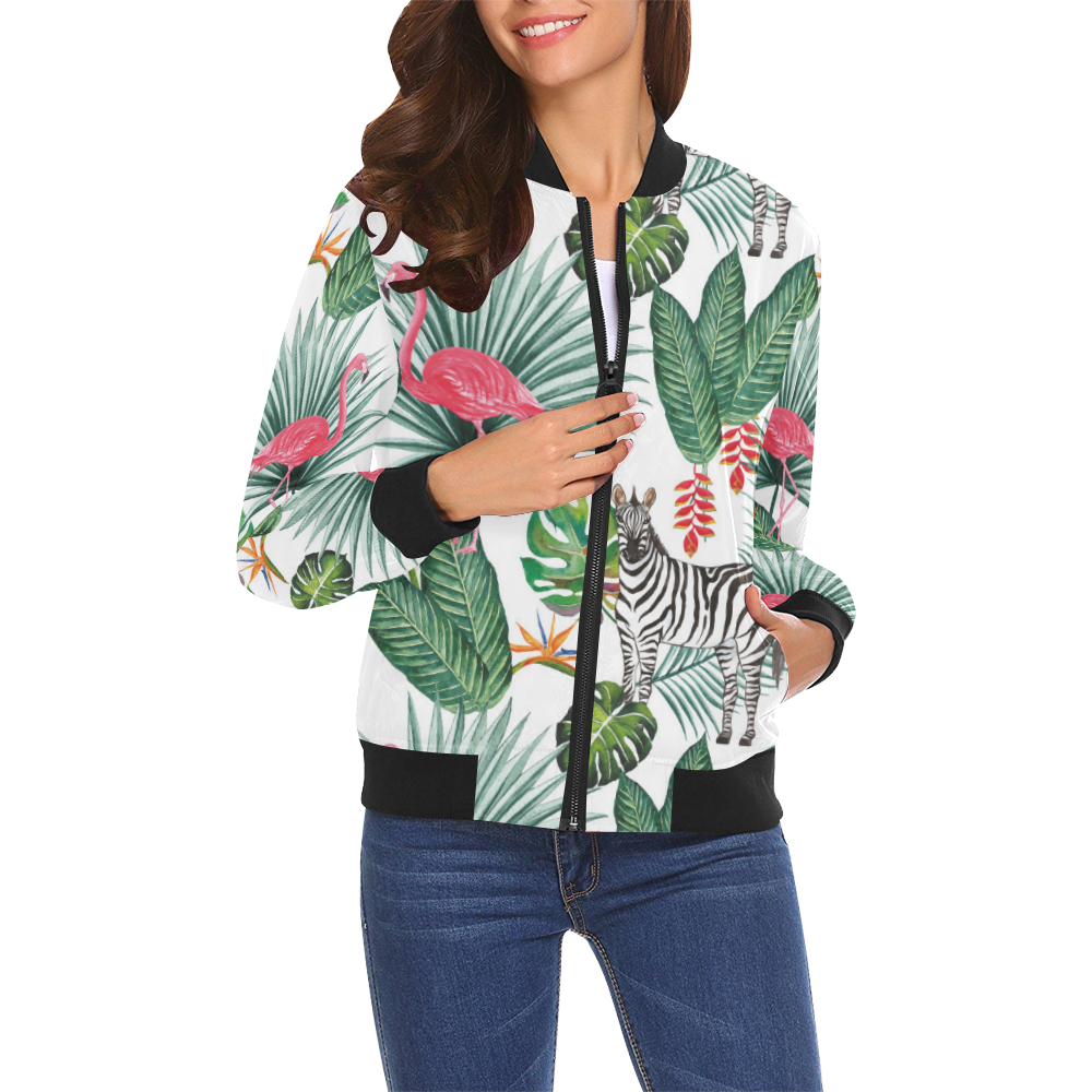 Awesome Flamingo And Zebra All Over Print Bomber Jacket for Women (Model H19)