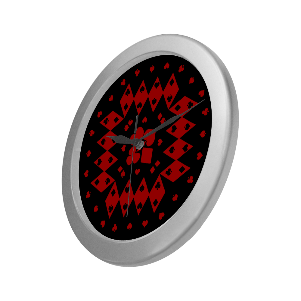 Black and Red Playing Card Shapes on Black Silver Color Wall Clock