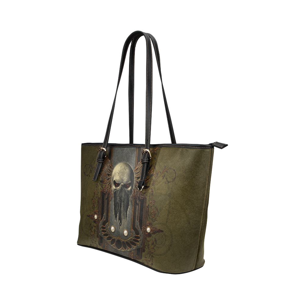 Awesome dark skull Leather Tote Bag/Small (Model 1651)