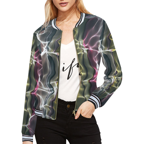 Abstract Wavy Mesh All Over Print Bomber Jacket for Women (Model H21)