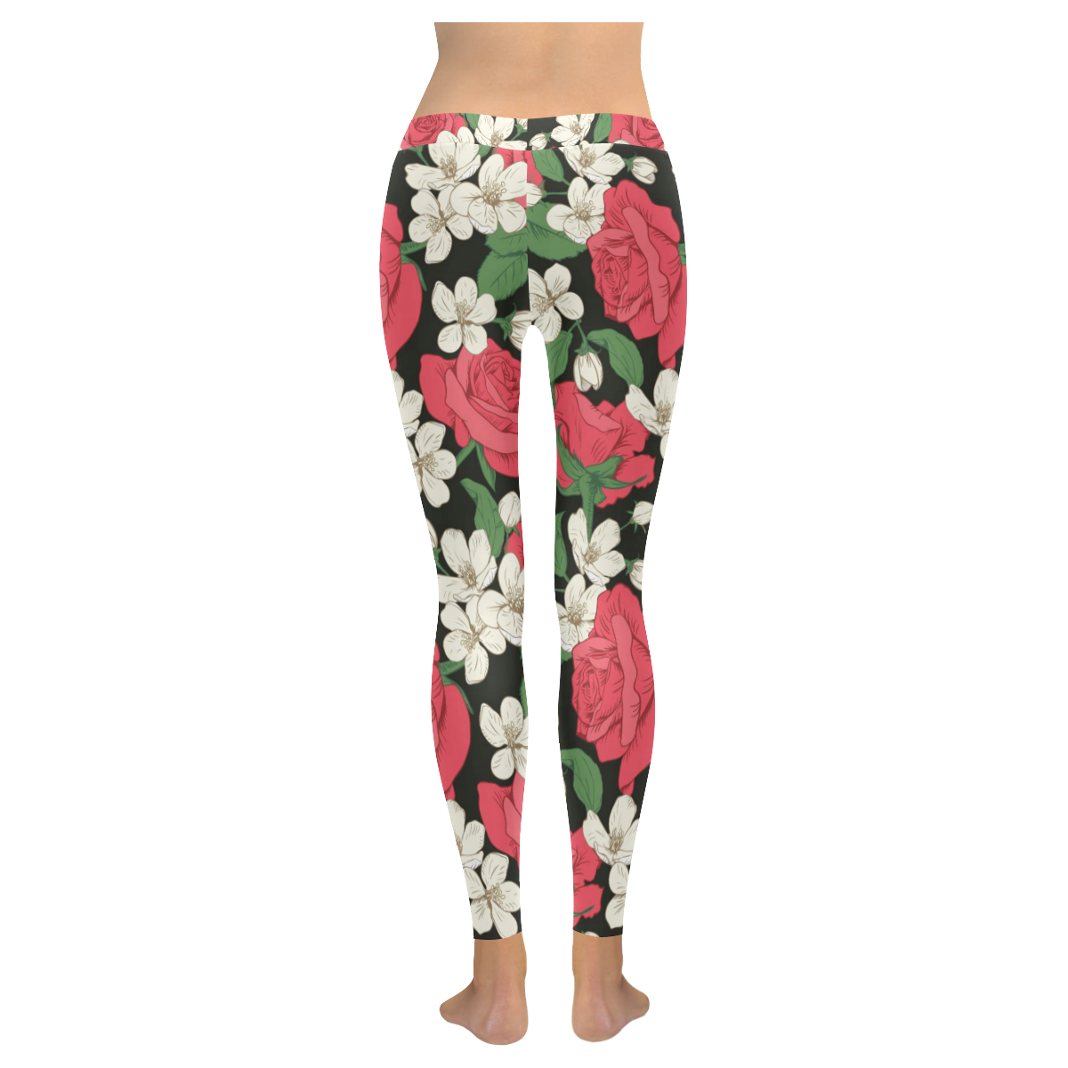 Pink, White and Black Floral Women's Low Rise Leggings (Invisible Stitch) (Model L05)