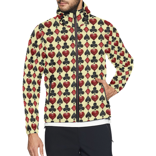 Las Vegas Black and Red Casino Poker Card Shapes on Yellow Unisex All Over Print Windbreaker (Model H23)