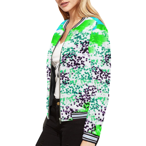 Sponge Print Green/Teal/Black All Over Print Bomber Jacket for Women (Model H21)
