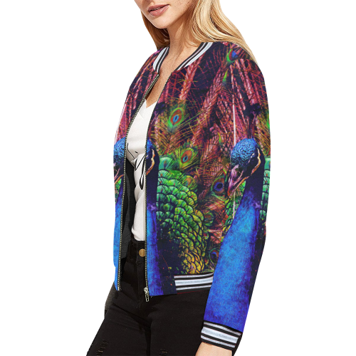 Impressionist Peacock All Over Print Bomber Jacket for Women (Model H21)
