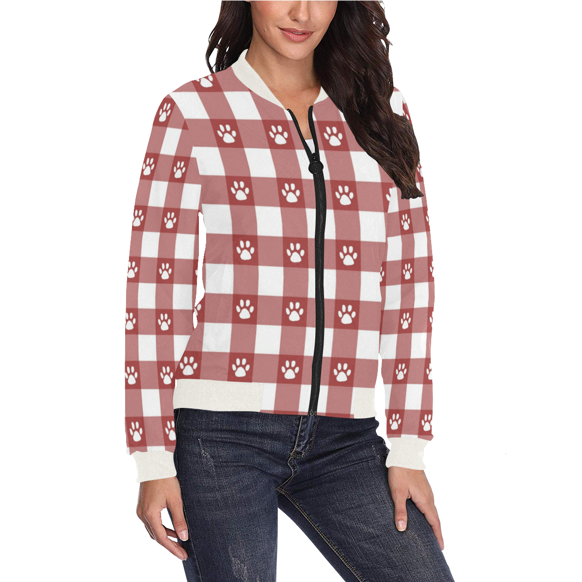 Plaid and paws All Over Print Bomber Jacket for Women (Model H36)