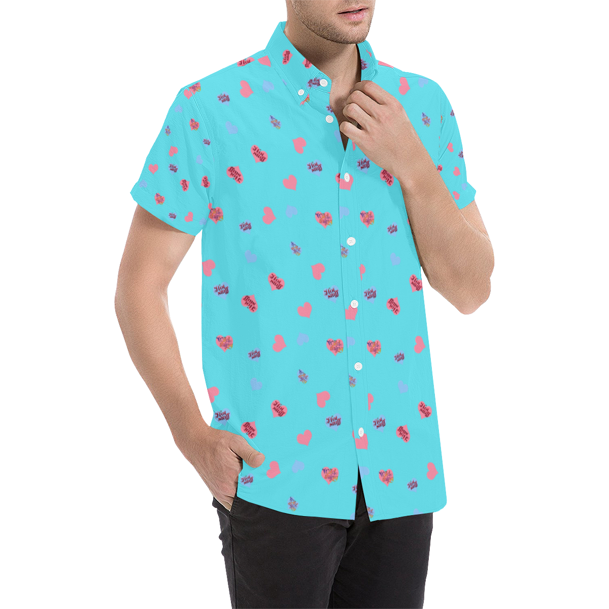 Pink-Blue Hearts-Wild Thing-Hot Stuff on Turquoise Men's All Over Print Short Sleeve Shirt (Model T53)