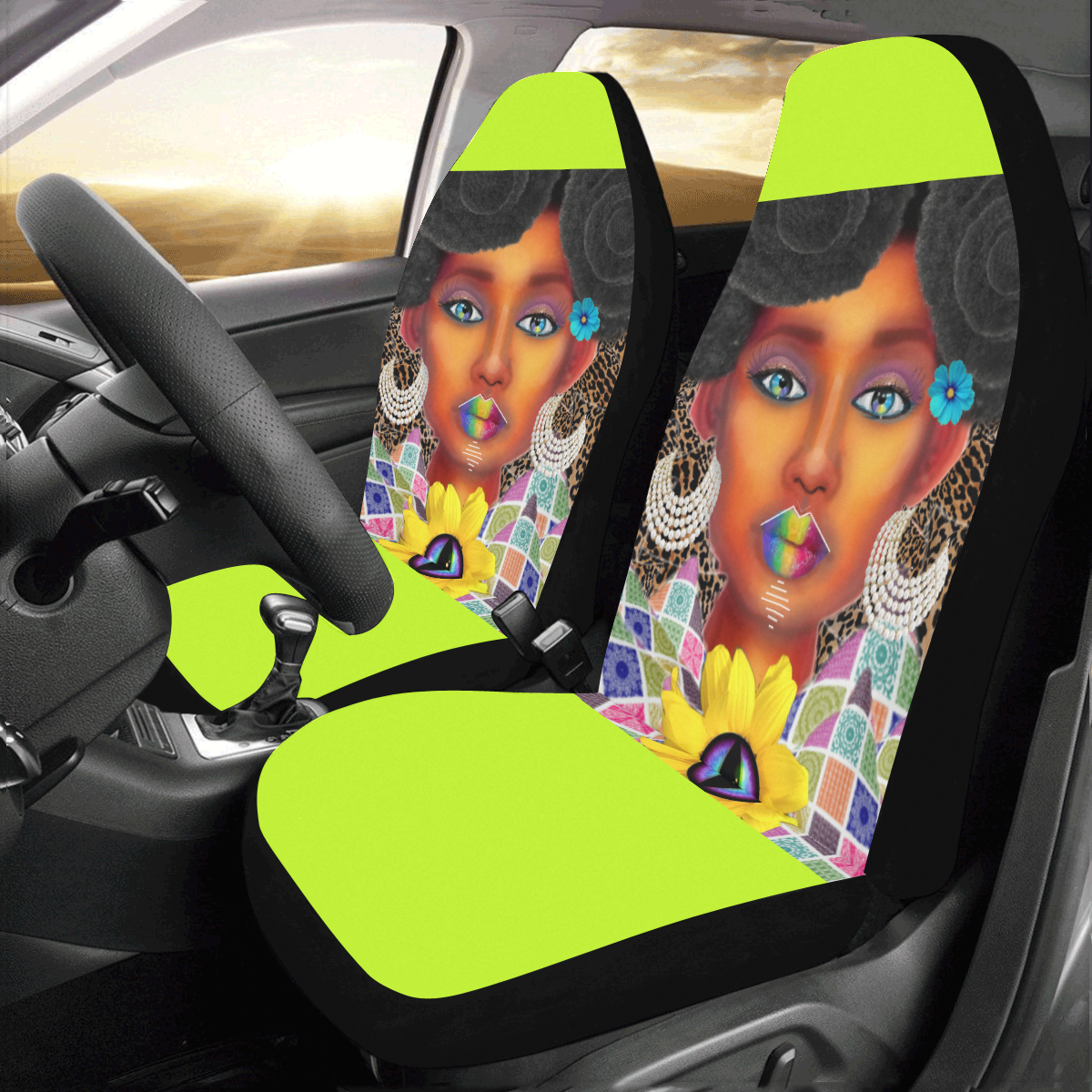 PEACEARTSADD SEAT COV NEON YELLO Car Seat Covers (Set of 2)