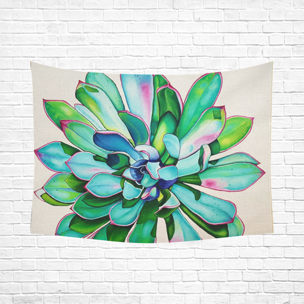 CACTI in Blue and Pink Cotton Linen Wall Tapestry 80"x 60"