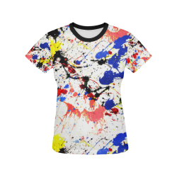 Blue and Red Paint Splatter  (Black Trim) All Over Print T-shirt for Women/Large Size (USA Size) (Model T40)