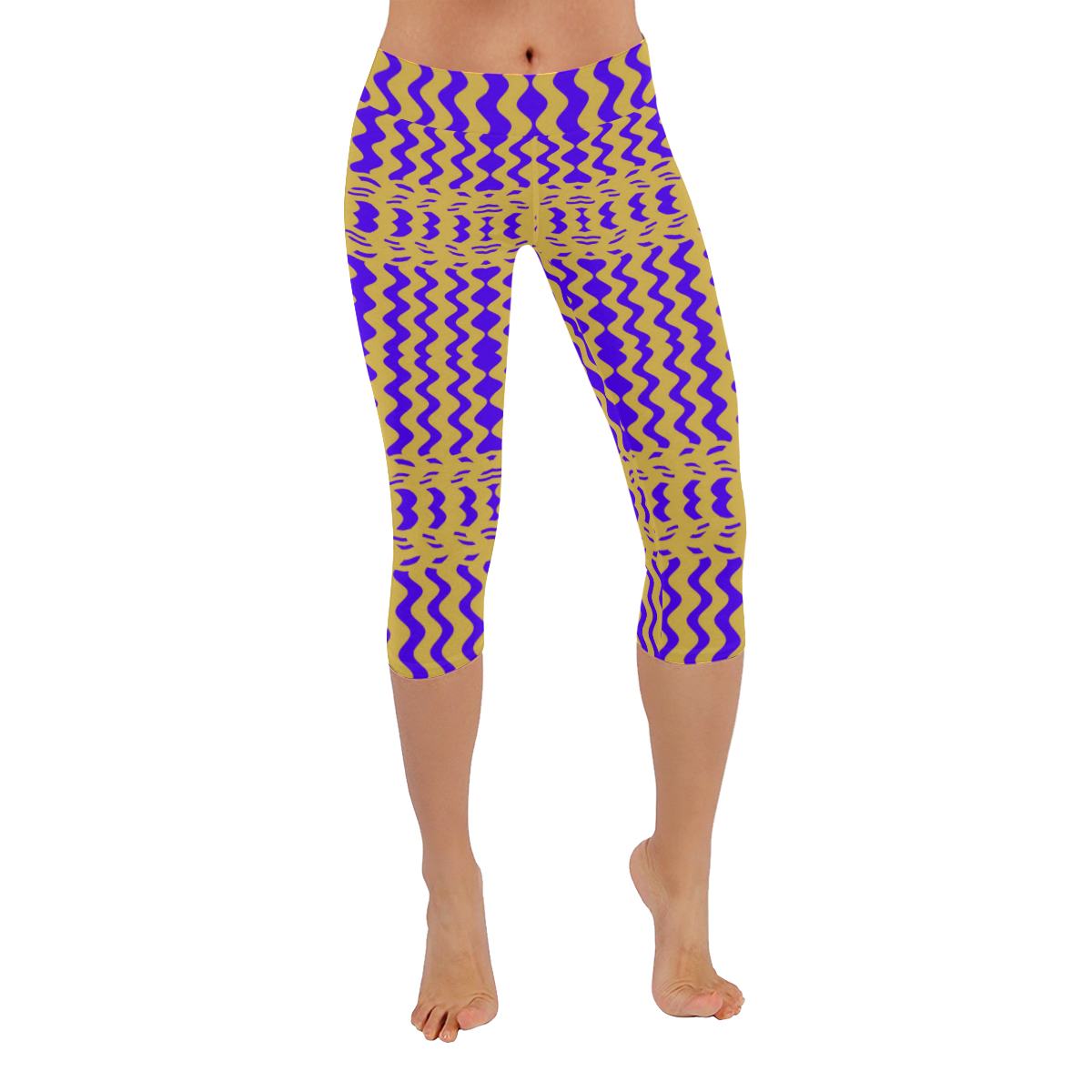 Purple Yellow Modern  Waves Lines Women's Low Rise Capri Leggings (Invisible Stitch) (Model L08)