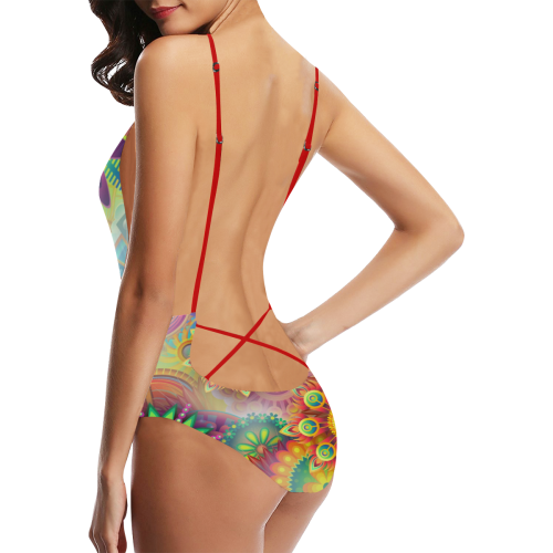 colorful-abstract 3D Sexy Lacing Backless One-Piece Swimsuit (Model S10)