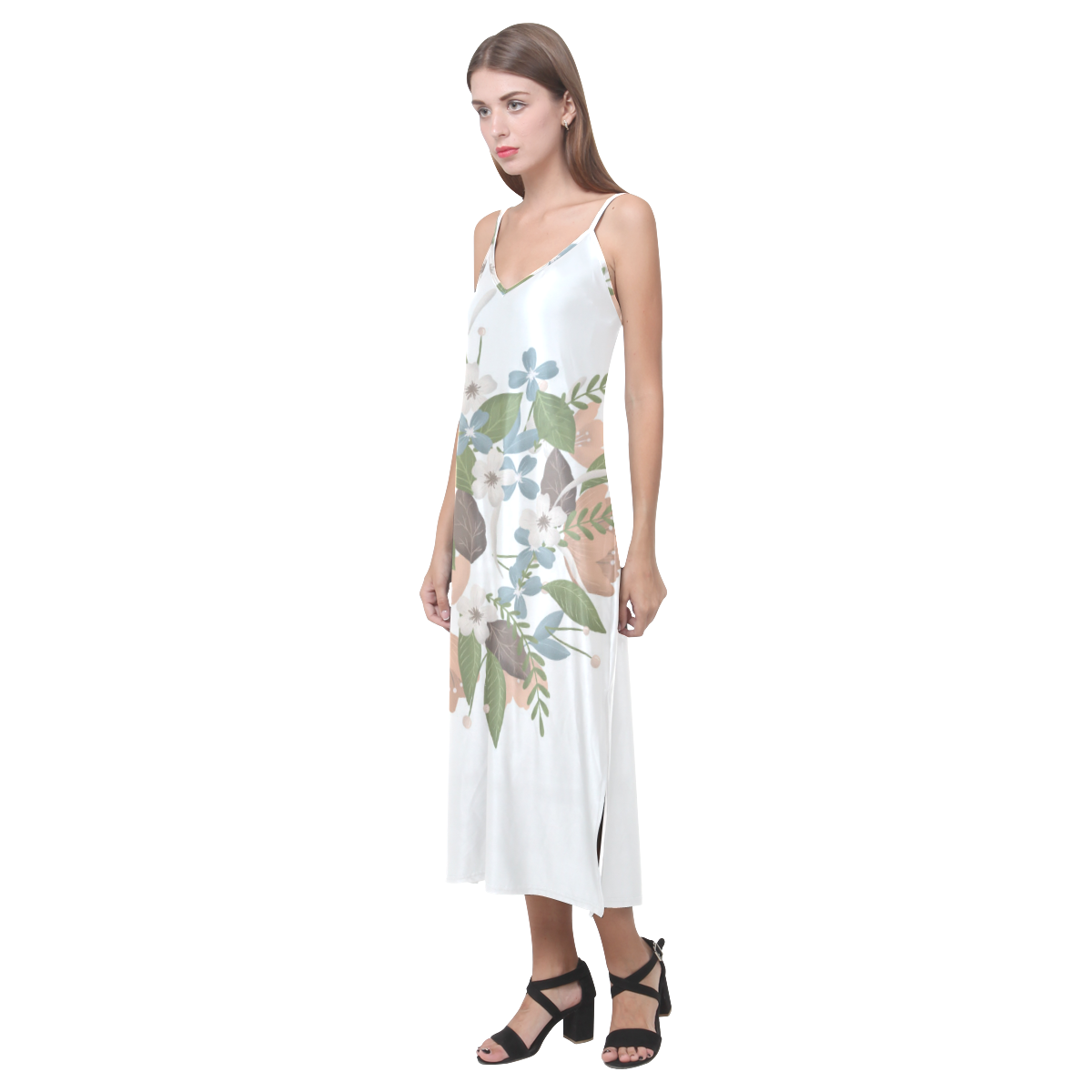 Bouquet V-Neck Open Fork Long Dress(Model D18)