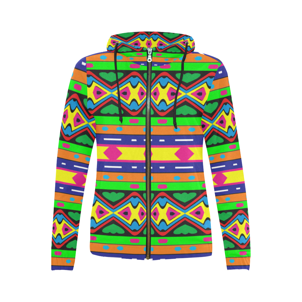 Distorted colorful shapes and stripes All Over Print Full Zip Hoodie for Women (Model H14)