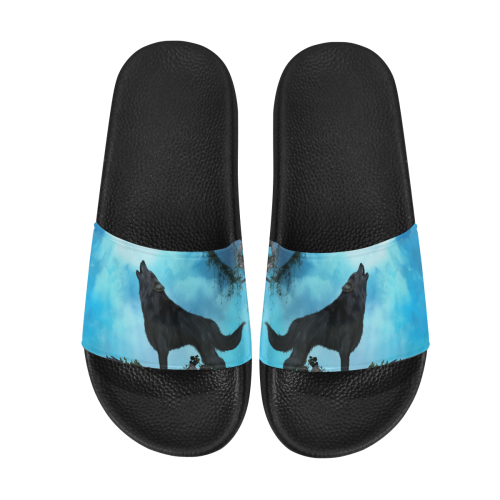 Beautiful black wolf Men's Slide Sandals/Large Size (Model 057)