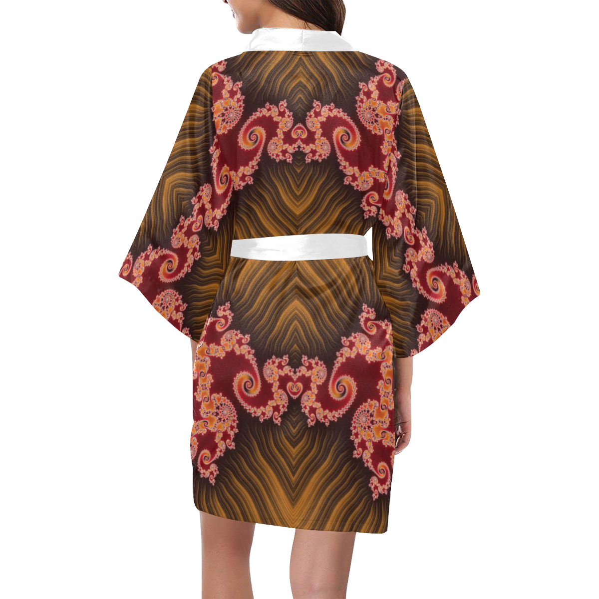 Red and Brown Hearts Lace Fractal Abstract Kimono Robe