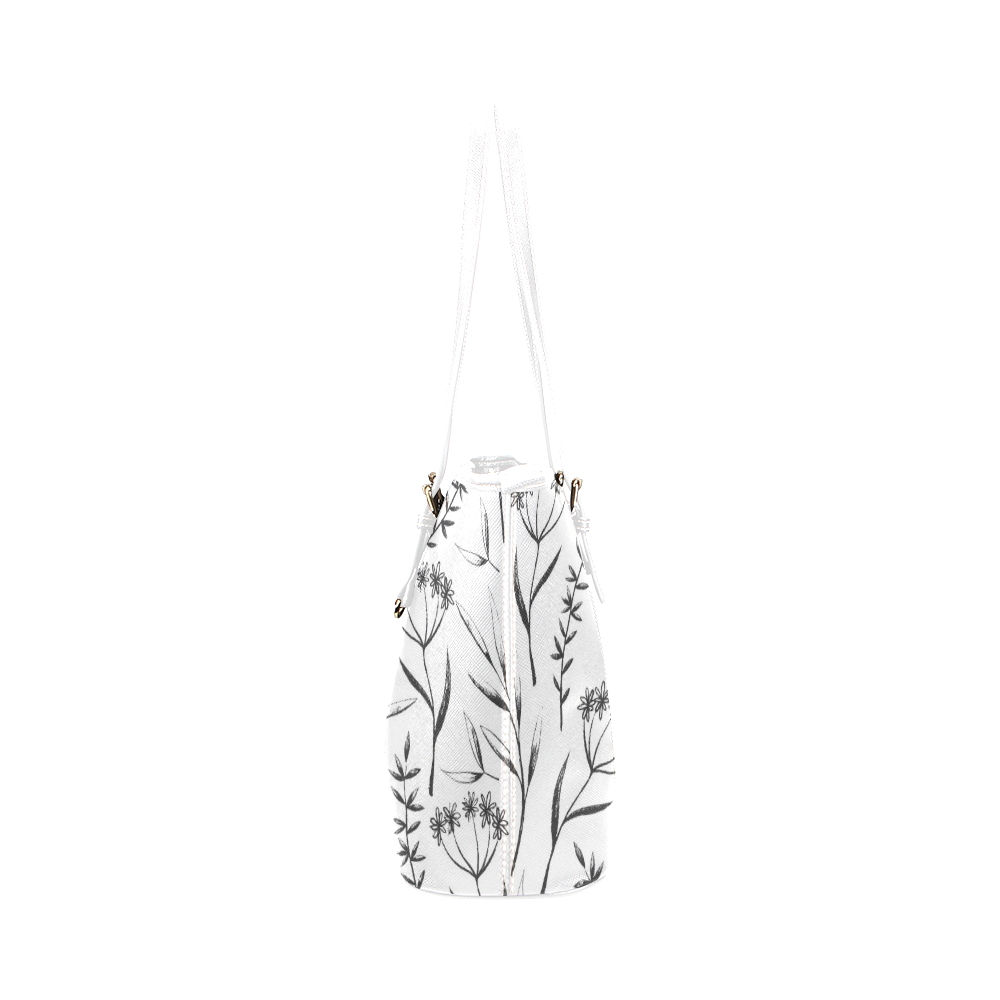 black white flowers Leather Tote Bag/Small (Model 1651)
