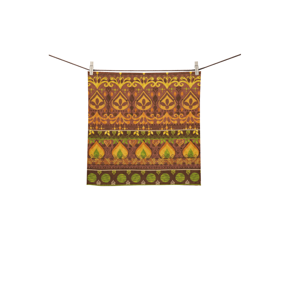 Ethnic Bohemian Brown, Orange, and Green Square Towel 13“x13”