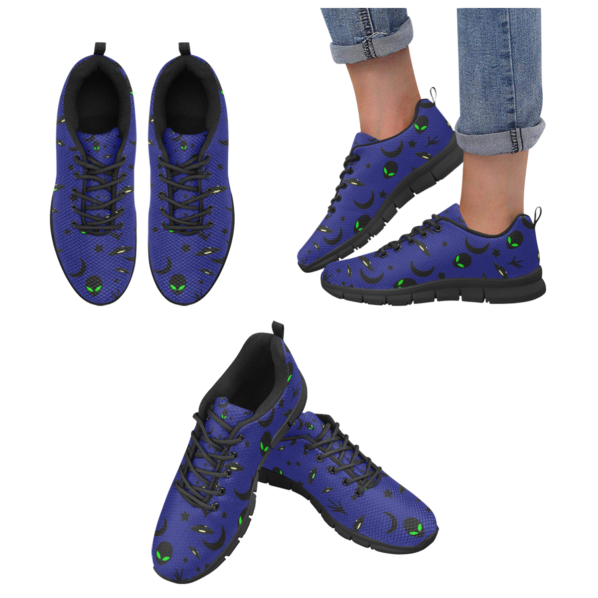 Alien Flying Saucers Stars Pattern  (Black/Blue) Women's Breathable Running Shoes (Model 055)