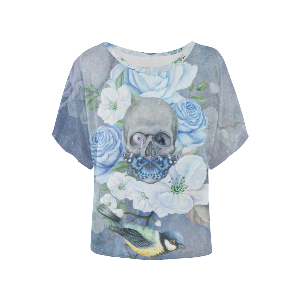 Gothic Skull With Butterfly Women's Batwing-Sleeved Blouse T shirt (Model T44)