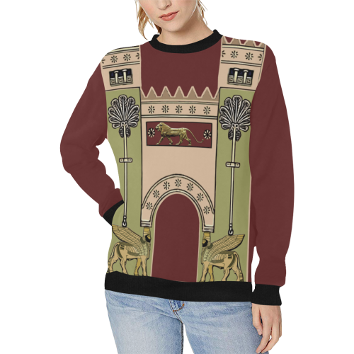 Assyrian symbol Women's Rib Cuff Crew Neck Sweatshirt (Model H34)