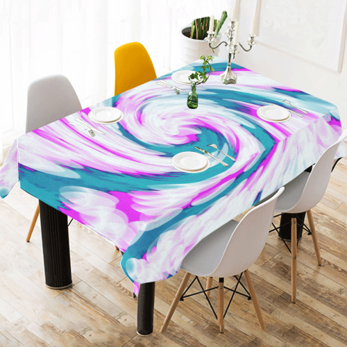 Turquoise Pink Tie Dye Swirl Abstract Cotton Linen Tablecloth 52"x 70"