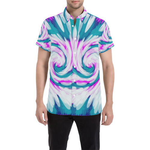 Turquoise Pink Tie Dye Swirl Abstract Men's All Over Print Short Sleeve Shirt (Model T53)