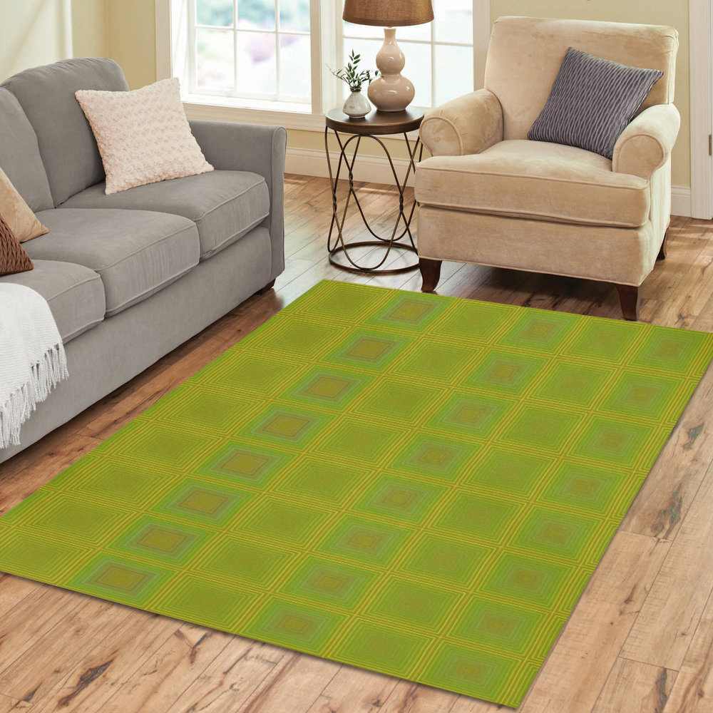 Olive green gold multicolored multiple squares Area Rug7'x5'