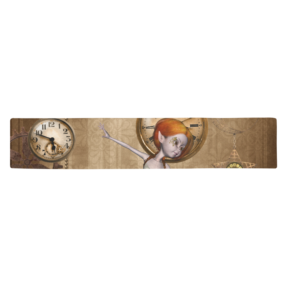 Steampunk girl, clocks and gears Table Runner 14x72 inch