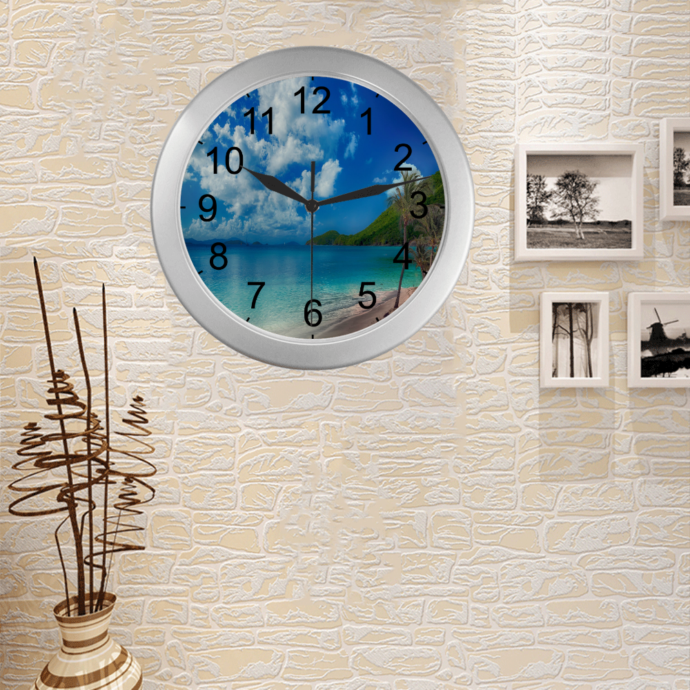 Beach Escape Silver Color Wall Clock