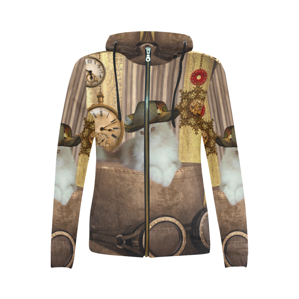 Funny steampunk cat All Over Print Full Zip Hoodie for Women (Model H14)