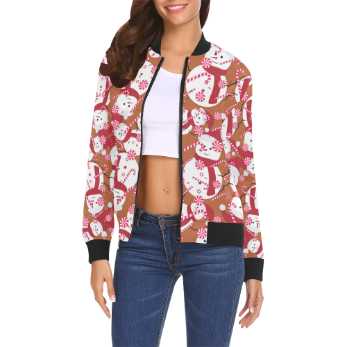Candy Cane Santa Christmas Party BROWN All Over Print Bomber Jacket for Women (Model H19)