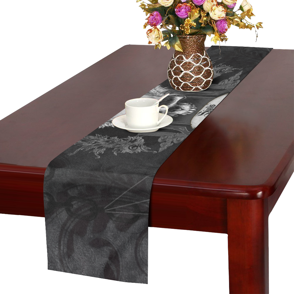 Skull with crow in black and white Table Runner 16x72 inch
