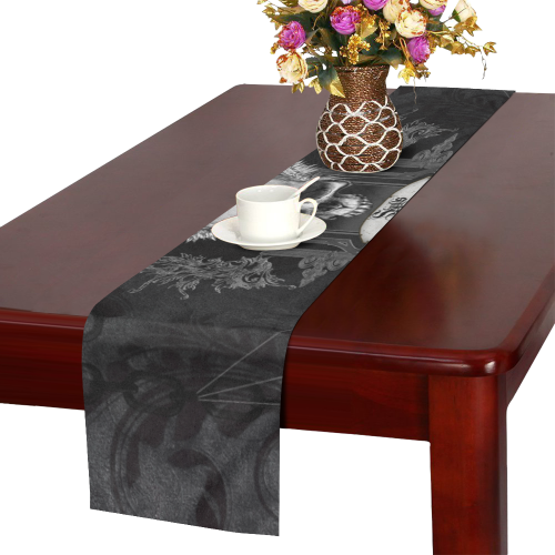 Skull with crow in black and white Table Runner 16x72 inch