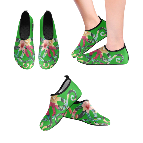 PiccoGrande green floral octopus design Women's Slip-On Water Shoes (Model 056)